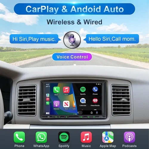 Vista 10 de Estéreo de coche doble DIN inalámbrico Apple CarPlay Android Auto, radio doble DIN de 7 pulgadas con Bluetooth, enlace de espejo, cámara de visión