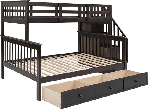 Vista 6 de Litera con cajón, base de litera individual sobre matrimonial con escalera, riel de almacenamiento y protección de seguridad, convertible