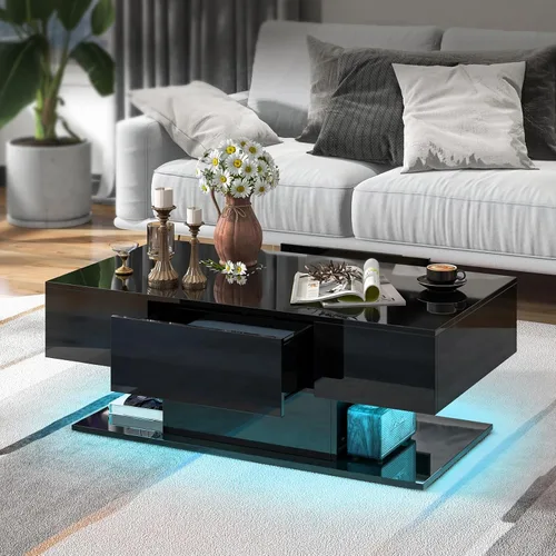 Vista 4 de Tangkula Mesa de centro LED con 2 cajones, mesa central moderna de alto brillo, luces LED regulables de 20 colores y control remoto, mesa auxiliar