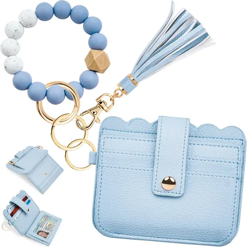 Vista 10 de Cartera de pulsera para mujer con llavero – Tarjetero RFID pequeña cartera con llavero Beige
