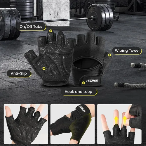 Vista 6 de HOZMOZ Guantes ventilados para levantamiento de pesas, guantes de gimnasio gruesos y acolchados con protección completa de la palma, agarre