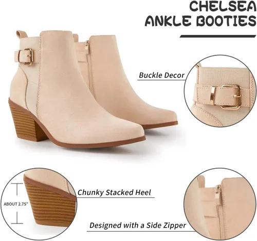 Vista 3 de TINSTREE Botines de punta para mujer, con botones y hebilla, para decoración de tacón grueso apilado, botines de moda con cremallera lateral, piel