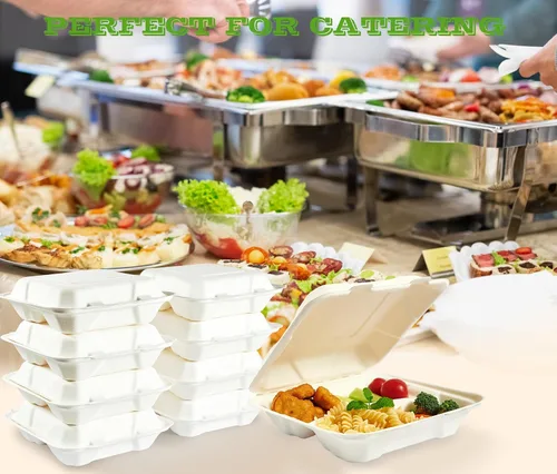 Vista 6 de Vplus Paquete de 300 Recipientes compostables para llevar con diseño de concha, de 20,3 x 20,3 cm, desechables y ecológicos, con 3 compartimentos