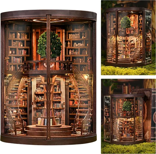 Vista 14 de ISSEVE Kit de Rincón de Libros, Rompecabezas de Madera 3D DIY Casa de Muñecas Booknook para Adultos, Kit de Casa en Miniatura Diminuta Decoración