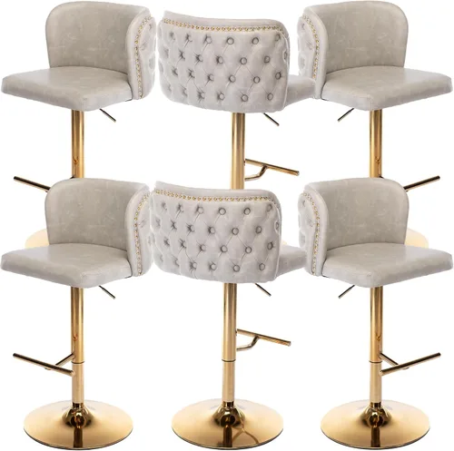 Vista 11 de Taburetes de bar tapizados de poliuretano con base dorada, taburetes de bar ajustables de 25-33 pulgadas, taburetes de mostrador con respaldo Beige