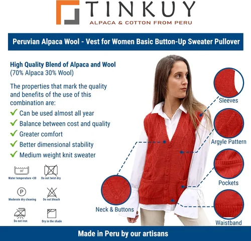 Vista 5 de TINKUY PERU - Chaleco de lana de alpaca con cuello en V y rombos para mujer, tallas S-4XL