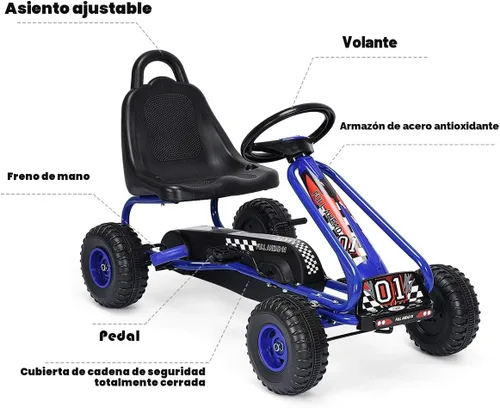 Vista 3 de Costzon Go Kart para niños, carrito de 4 ruedas alimentado por pedal con asiento ajustable, freno de mano y ruedas antideslizantes, auto de pedal