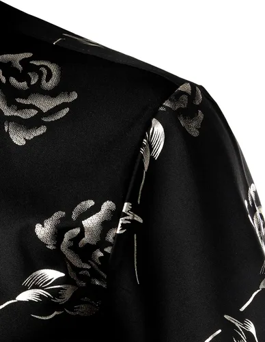 Vista 5 de ZEROYAA - Camisas de vestir de manga corta con estampado de rosa dorada para hombre, estilo hipster, calce ajustado, con botones