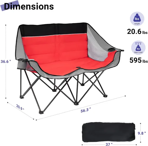 Vista 3 de Byliable Silla de campamento doble para exteriores, de 2 plazas, de gran tamaño, portátil, plegable, con portavasos y bolsillo de almacenamiento