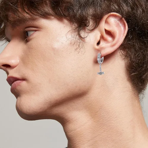 Vista 4 de Aretes colgantes de plata de ley 925, nudo celta, vikingo, espada, turquesa, martillo de Thor, negro, plata y oro, aretes colgantes de múltiples