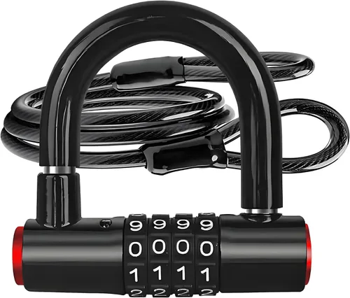 Vista 12 de V·RESOURCING® - Candado de combinación de 4 dígitos, antirrobo en forma de U, resistente, con grillete ajustable, para bicicletas, bicicletas