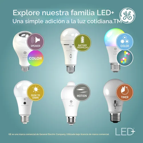 Vista 6 de GE LED+ Timer A19 - Bombillas LED, temporizador automático integrado para interiores, 8 W, blanco suave (paquete de 4) Built-in automatic timer