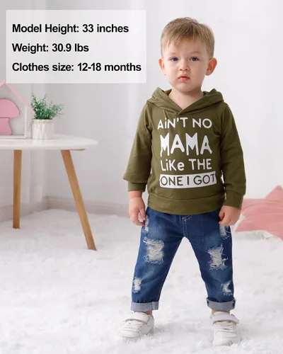 Vista 4 de WESIDOM Ropa de bebé niño, sudadera con capucha de impresión de manga larga con pantalones de mezclilla conjunto
