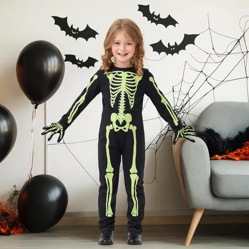 Vista 4 de Disfraces de esqueleto para niños que brillan en la oscuridad, disfraz de fiesta de Halloween con guantes para niñas y niños