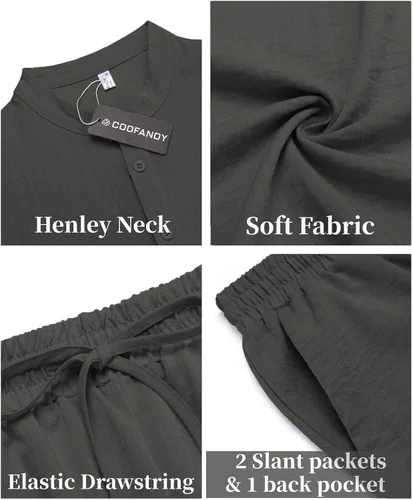 Vista 5 de COOFANDY Conjunto de 2 piezas de lino para hombre, camisas Henley casuales de manga corta, pantalones cortos de yoga para la playa, pantalones