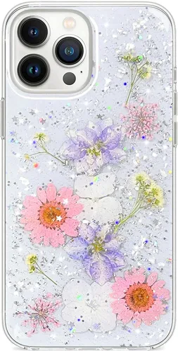 Vista 23 de Abbery Funda diseñada para iPhone 13 Pro con diseño de flores prensadas con purpurina y diseño de goma de silicona suave, diseño de flores reales
