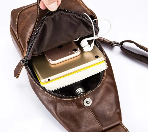 Vista 7 de BULLCAPTAIN Bolsos de cuero genuino para hombre bandolera bandolera bandolera casual para hombre bolsa de pecho de viaje senderismo mochila (marrón)