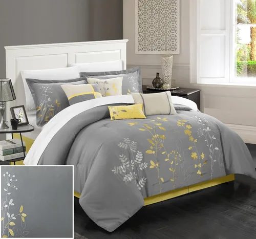 Vista 15 de Chic Home, set de cama de 8 unidades, colcha bordada con diseño floral., Microfibra, Amarillo, King