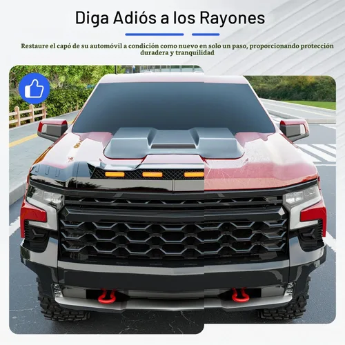 Vista 3 de Protector de capó con luz LED compatible con Chevy Silverado 1500 2019-2026, deflector de capó negro brillante de tres secciones, protector de luz