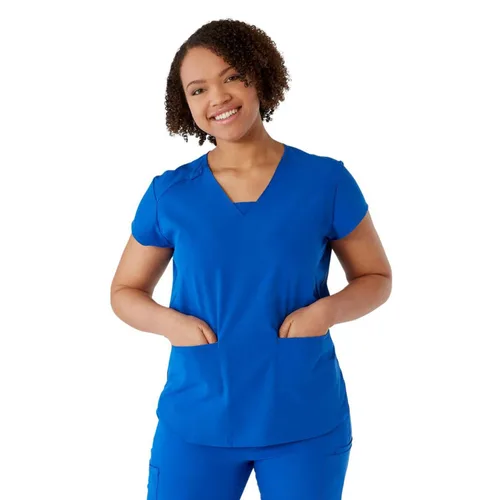 Vista 3 de ave. Camiseta médica Monroe con cuello en V y dos bolsillos para mujer, color azul real, talla S