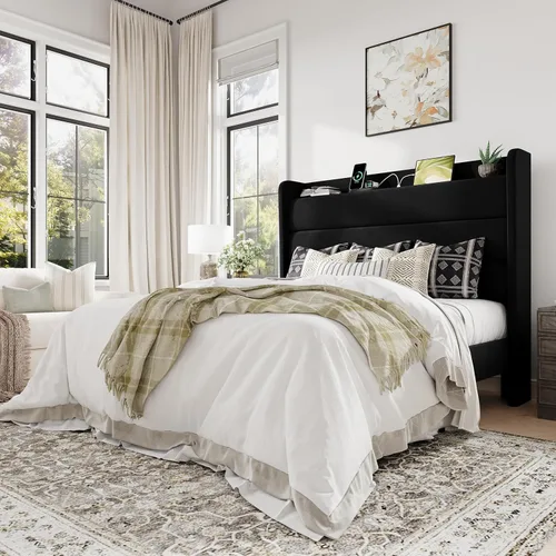 Vista 8 de Allewie Estructura de Cama Tapizada Tamaño Full con Estación de Carga y Cabecera con Almacenamiento, Cama Plataforma de Terciopelo Suave