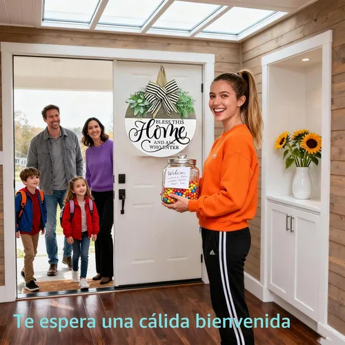 Vista 6 de Letrero de bienvenida para decoración de puerta delantera, coronas de madera rústica con vegetación y lazo, letrero de porche «Bless This Home»