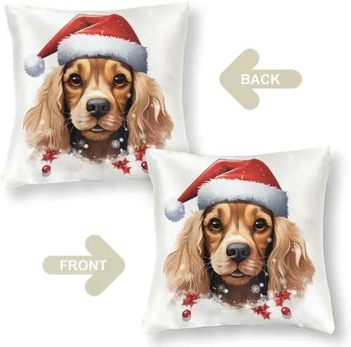 Vista 3 de Divertidas fundas de almohada de satén de Navidad con diseño de perro y cocker spaniel con gorro de Papá Noel, copos de nieve, decoración