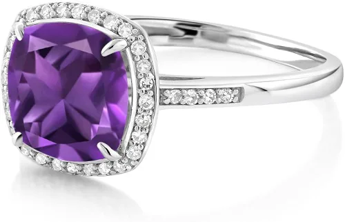Vista 6 de Gem Stone King Anillo de compromiso de oro blanco de 10 quilates con amatista morada y diamantes de acento para mujer