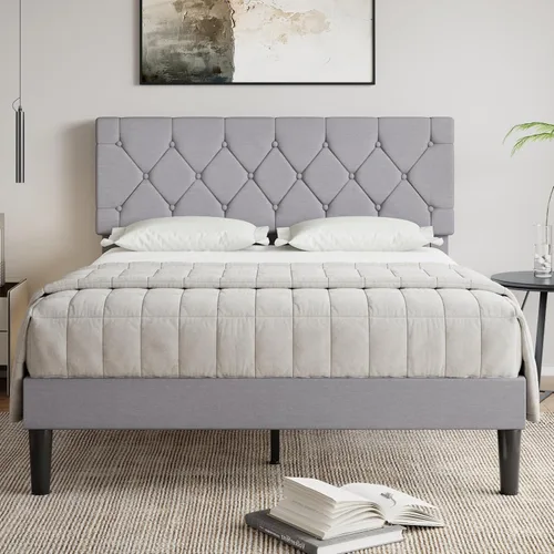 Vista 14 de VECELO Base de cama tamaño completo con cabecera capitoné con botones, plataforma tapizada con soporte de listones de madera, no necesita somier