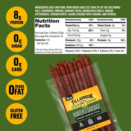 Vista 2 de Tillamook Country Smoker - Salchichas ahumadas, salchicha Hunter's, 16 onzas (paquete de 36 palitos de carne), ahumadas con madera dura auténtica