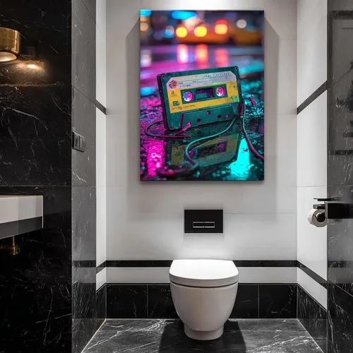 Vista 8 de Cinta de casete de audio retro y arte en lienzo de Walkman, fotografía de neón de la nostalgia musical de los años 80, decoración de pared