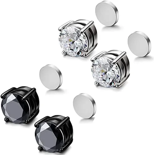 Vista 3 de YCL&TXL 6 pares de aretes de acero inoxidable hipoalergénicos para hombre, aretes falsos redondos cuadrados de circonita cúbica magnética