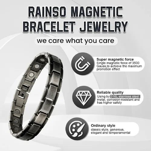Vista 4 de RainSo Pulsera magnética para hombre 3500 Gauss Vintage acero titanio ajustable con caja de regalo, Metal, No es una piedra preciosa