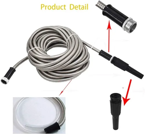 Vista 4 de WFLNHB Manguera de jardín flexible y ligera de acero inoxidable 304, mangueras de agua de metal ligero con boquilla para portátil (25)
