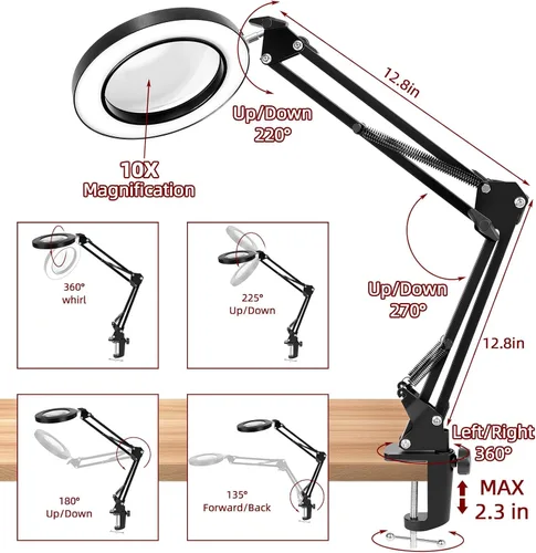 Vista 4 de Lámpara de escritorio con lupa de iluminación: 10x lupa de luz con 3 modos de color y 10 niveles de atenuación