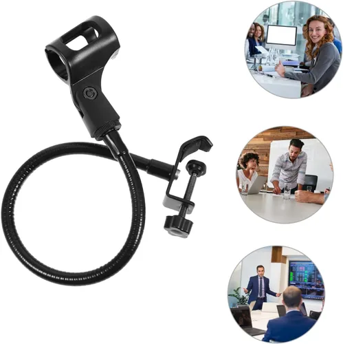 Vista 5 de Soporte de micrófono de cuello de cisne ajustable para escritorio, transmisión en vivo, soporte de micrófono negro, brazo flexible y base compatible