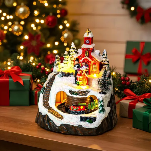 Vista 8 de MXwcy Decoración animada de pueblo navideño – Coro de iglesia iluminado y tren en movimiento en montaña nevada – Centro de mesa de estatua