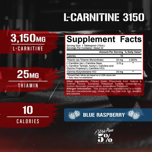Vista 3 de 5% Nutrition Rich Piana Liquid L-Carnitine 3150 Mezcla premium de 4 fuentes + GBB, la súper carnitina (frambuesa azul)