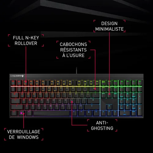 Vista 2 de Cherry MX 2.0S Teclado para juegos con cable con iluminación RGB MX interruptores silenciosos rojos. Tablero blanco puro