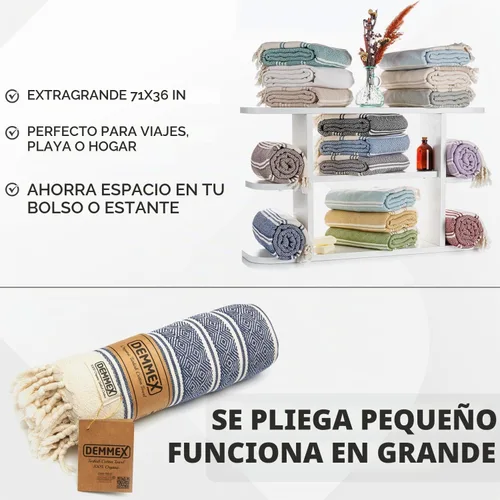 Vista 8 de DEMMEX Organic Diamond - Toalla turca de baño y playa 100% algodón turco certificado Oeko-TEX, ultra suave, de secado rápido, ligera, compacta