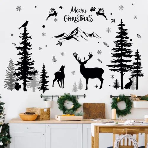 Vista 3 de Calcomanías de pared de Navidad, calcomanías de pared de animales del bosque de invierno, impermeable, montaña, bosque, ventanas, calcomanías