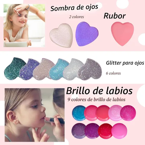 Vista 3 de Mebtmel Kit de maquillaje en forma de corazón para niños, real, no tóxico, lavable para niñas y niños