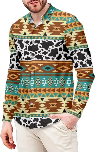 Vista 8 de Camisas aztecas con botones para hombre, vintage, nativo americano, patrón tribal nación, manga larga, camisa de talla grande para hombre