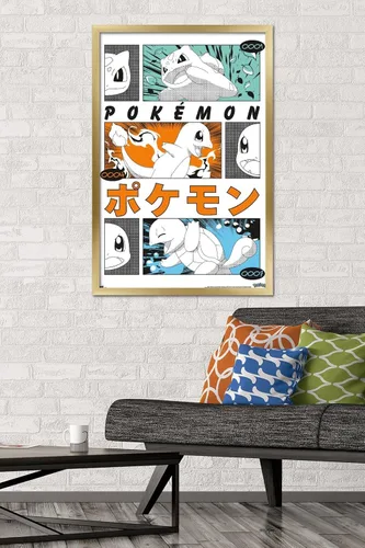 Vista 2 de Pokémon - Póster de pared de anime Trio, 34 pulgadas de largo x 22.4 pulgadas de ancho, versión con marco dorado