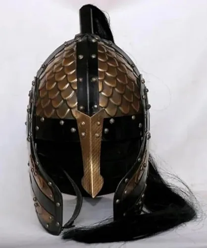 Vista 2 de Medieval Embossed Helmet with Black Plume Historic Knight Armor Replica.