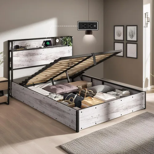 Vista 15 de Cama de Almacenamiento Elevable Tamaño Full, Marco de Cama Plataforma de Madera con Cabecera de Almacenamiento y Estación de Carga, No Necesita Negro