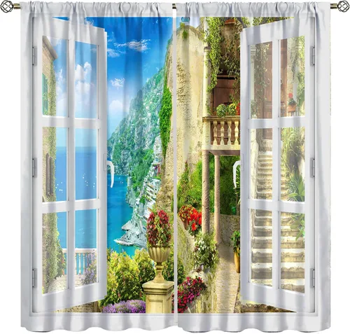 Vista 34 de Cortina opaca de bosque de verano, diseño de ramas de bosque, con bolsillo para barra, cortinas farbic con bolsillo para barra, comedor, cafetería