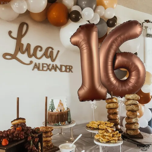 Vista 6 de KatchOn Globo marrón café con el número 16 de 1 pieza, 40 pulgadas, decoraciones de cumpleaños para niñas y niños Globo marrón café número 16 de 1