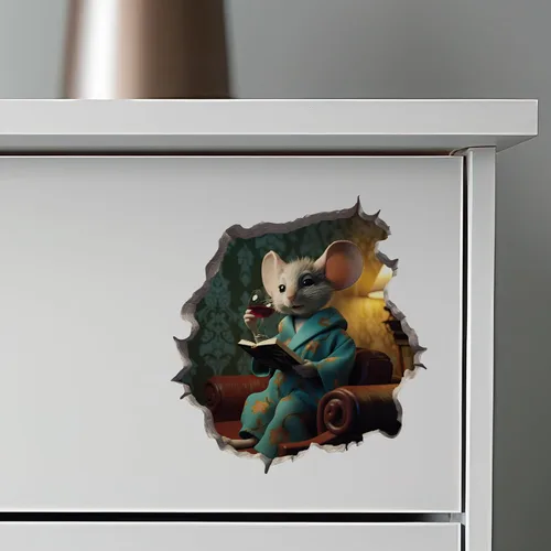 Vista 6 de Calcomanía de pared 3D con agujero de ratón con diseño de vino y libro mí