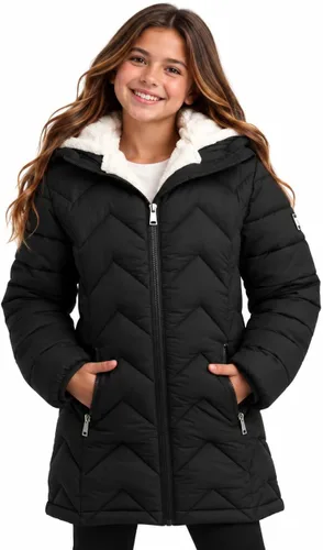 Vista 8 de DKNY Chaqueta acolchada para niñas - Chaqueta acolchada de sherpa completa forrada con escudo glaciar de longitud media para niños con aislamiento